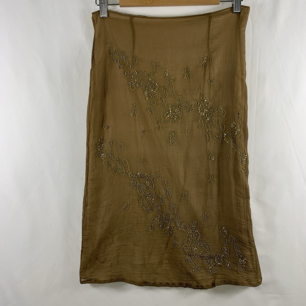 Y2K Fairy Beaded Crinkle Chiffon Skirt Size 4 Bronze Metallic Floral Embroidered
